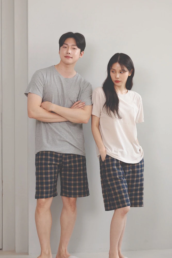 延吉成宝【韩国睡衣】5分裤男女通用裤兜睡裤格纹宽松经典通用