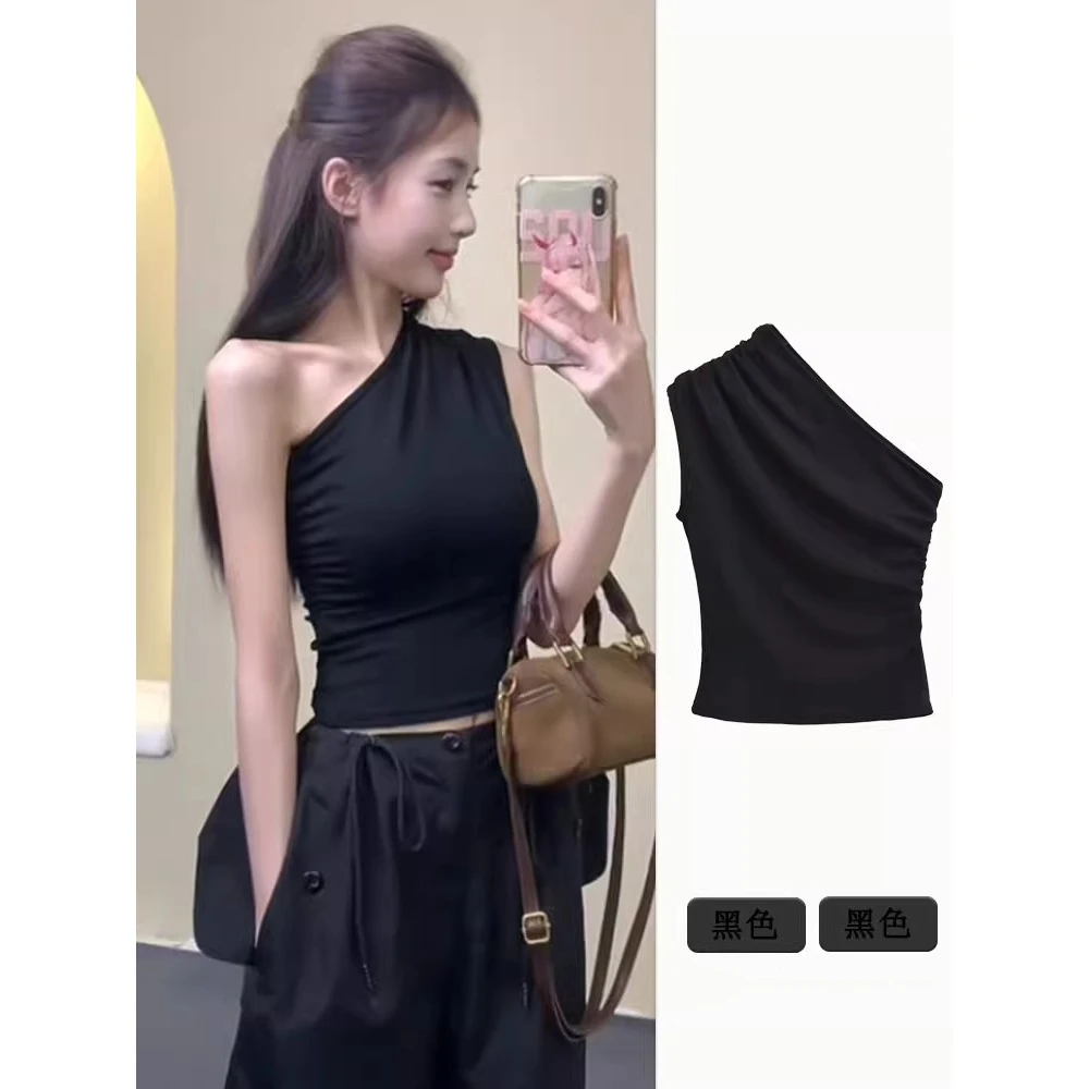 黑色斜肩背心女2025年夏季外穿独特绝美辣妹短款无袖露肩甜辣上衣