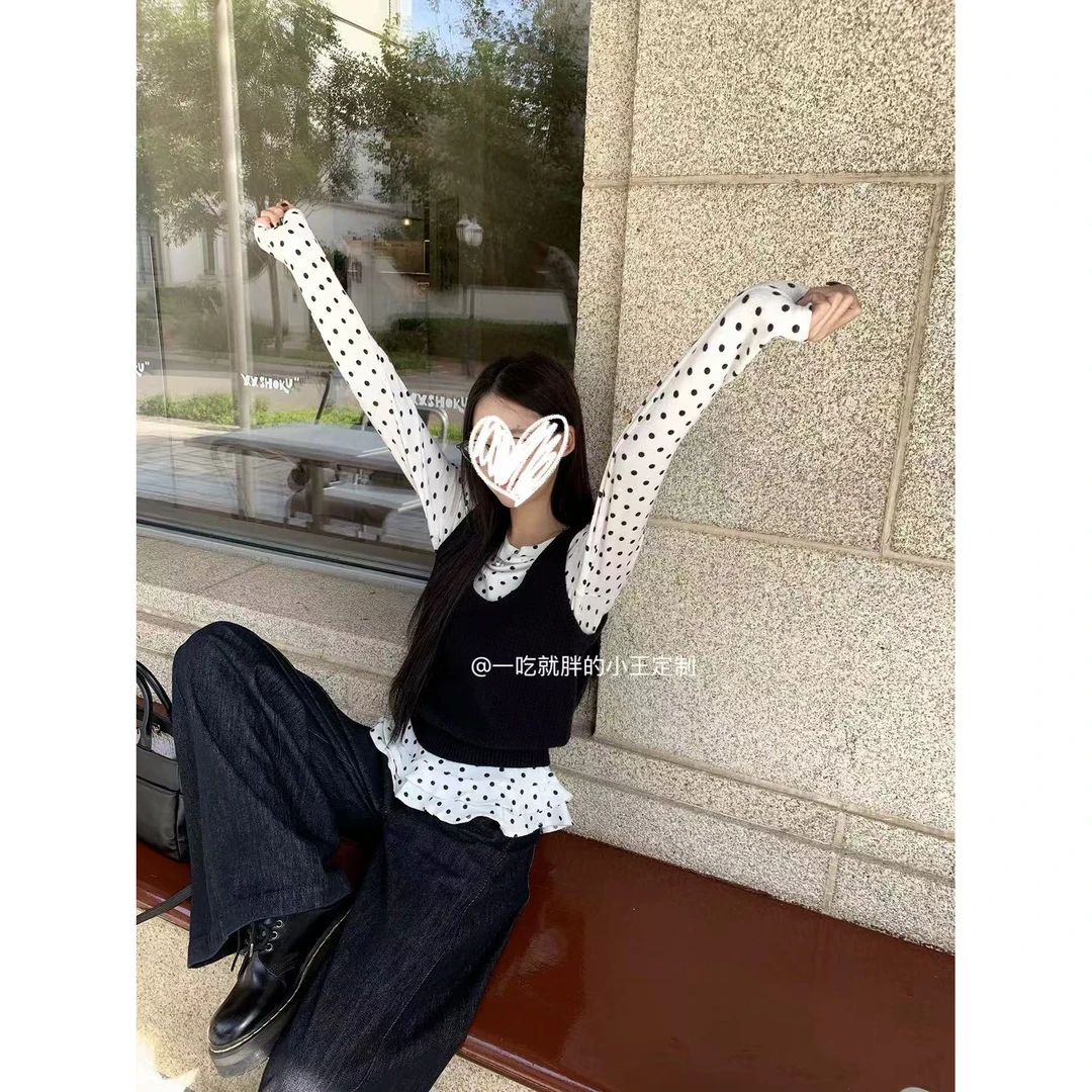 T恤女常规款时尚白色波点长袖宽松型背心款小香风两件套