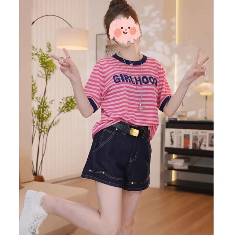 2025夏季新款韩版设计感圆领条纹短袖T恤女少女风百搭高级感上衣