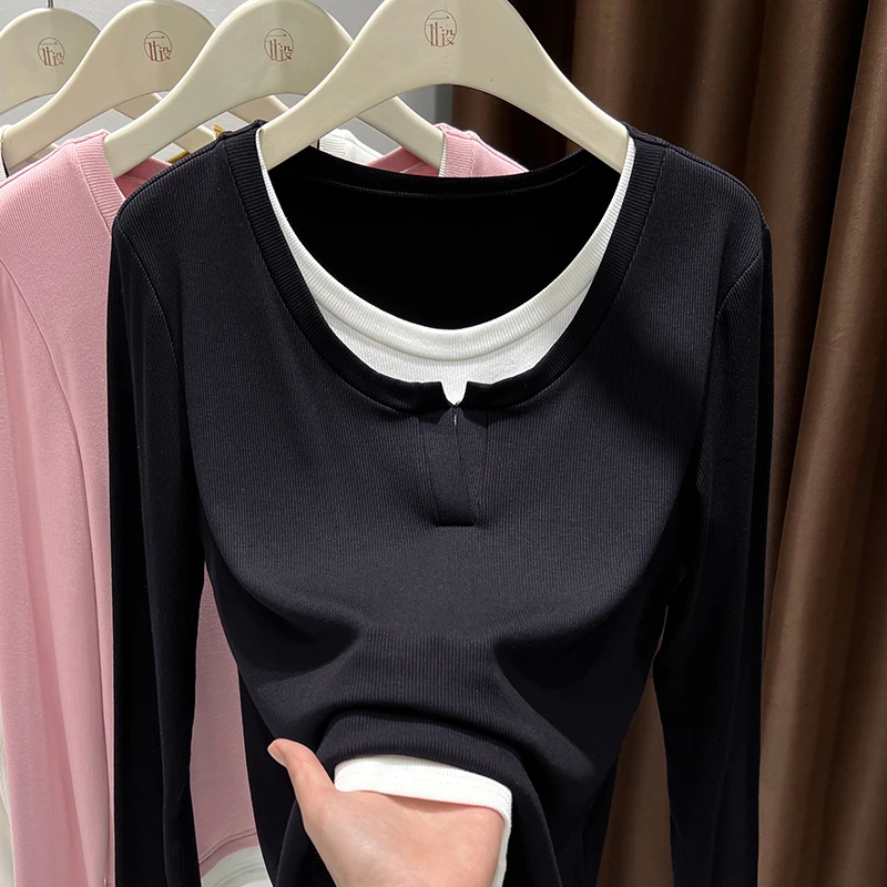 黑色针织拼接长袖打底衫女春季洋气磨毛内搭修身显瘦加厚撞色T恤
