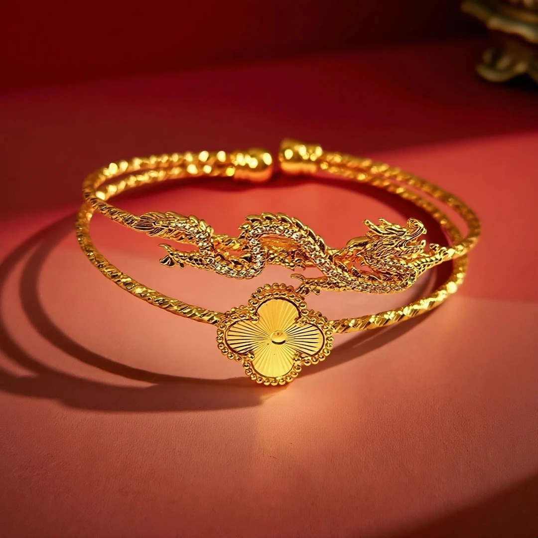 黄铜手镯 四叶草龙盘旋手镯好运连连时尚必备女款可调节轻奢手环