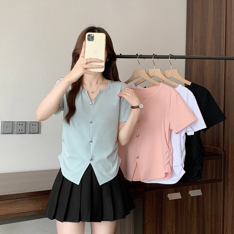 2025夏装新款胖mm大码女简约休闲半开领不规则短袖T恤35251