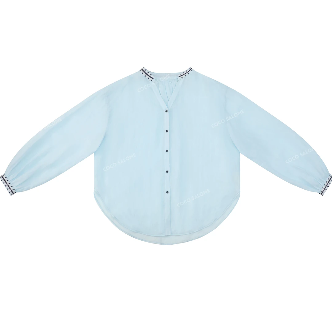 安安推荐【蔚蓝】天丝亚麻V领刺绣衬衫外套BW25C51363-CS