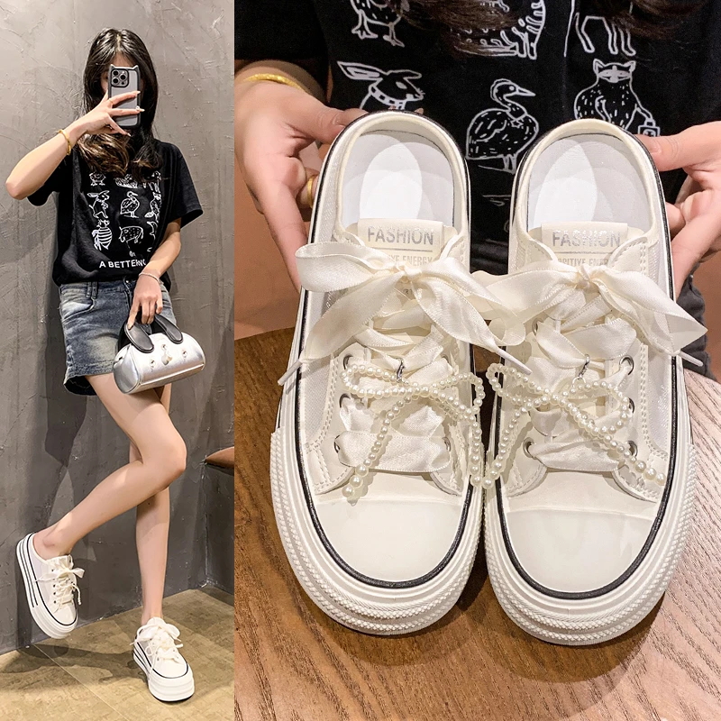 串珠蝴蝶结厚底包头半拖鞋女2025春季新款一脚蹬懒人休闲帆布板鞋