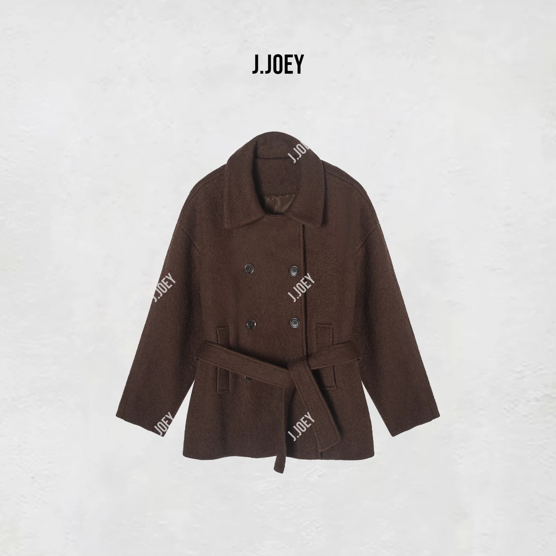 J.JOEY 高级感翻领双排扣驼色百搭羊毛毛呢外套 0742