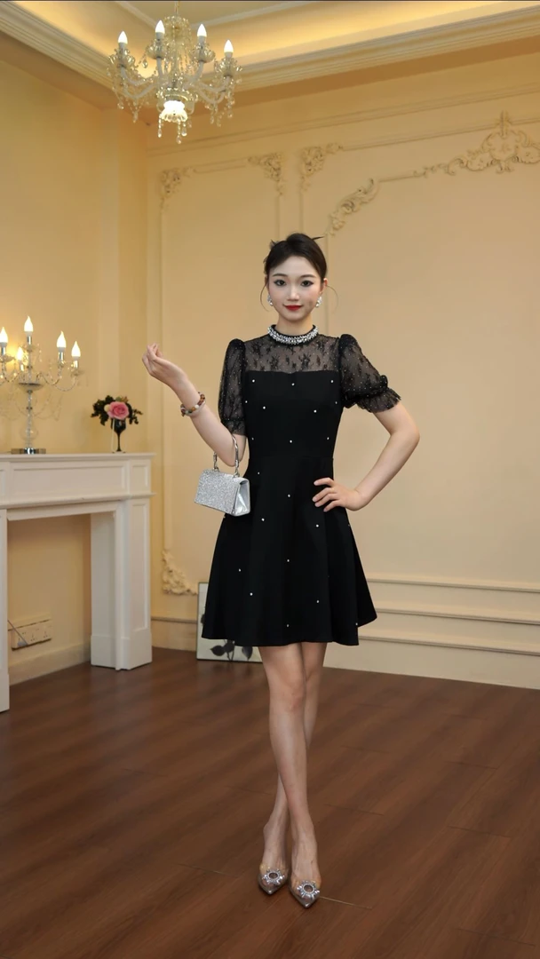 裙子轻职风蕾丝夏季修身套头赫本风优雅宴会连衣裙轻奢名媛9005