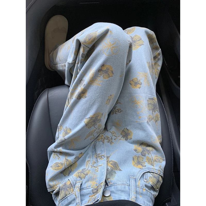 大码美式设计感碎花阔腿牛仔裤女2025夏季新款高腰慵懒宽松拖地裤