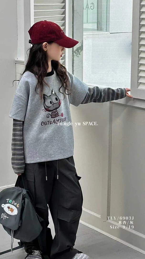 洋气休闲长袖圆领假两件宽松T袖时尚卡通上衣女童