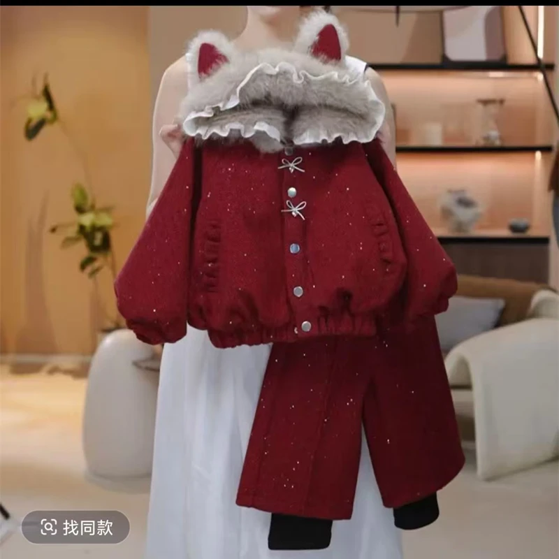 女童新年装加绒加棉毛呢套装25新款宝宝洋气冬装厚款两件套亲子装