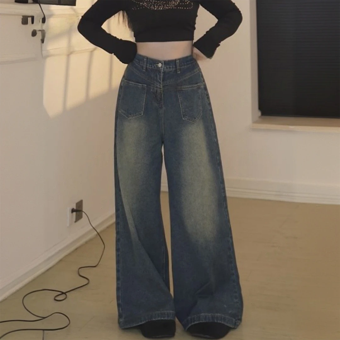 大码女装复古水洗做旧直筒牛仔裤女胖mm高腰宽松不贴腿阔腿长裤子
