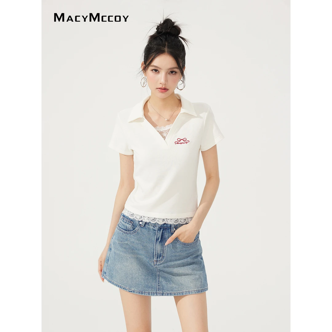 【毛毛专属】MacyMccoy蕾丝拼接Polo短袖女设计感小V领显瘦百搭上衣
