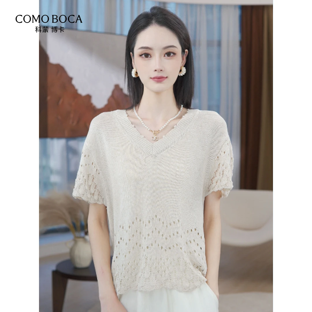 COMOBOCA/科蒙·博卡25夏亚麻V领短袖T恤百搭针织衫女KXTHCS8855