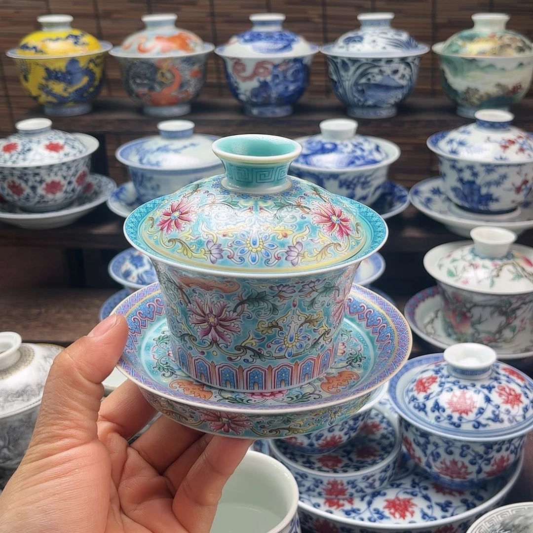 陶摆件景德镇陶瓷三才盖碗