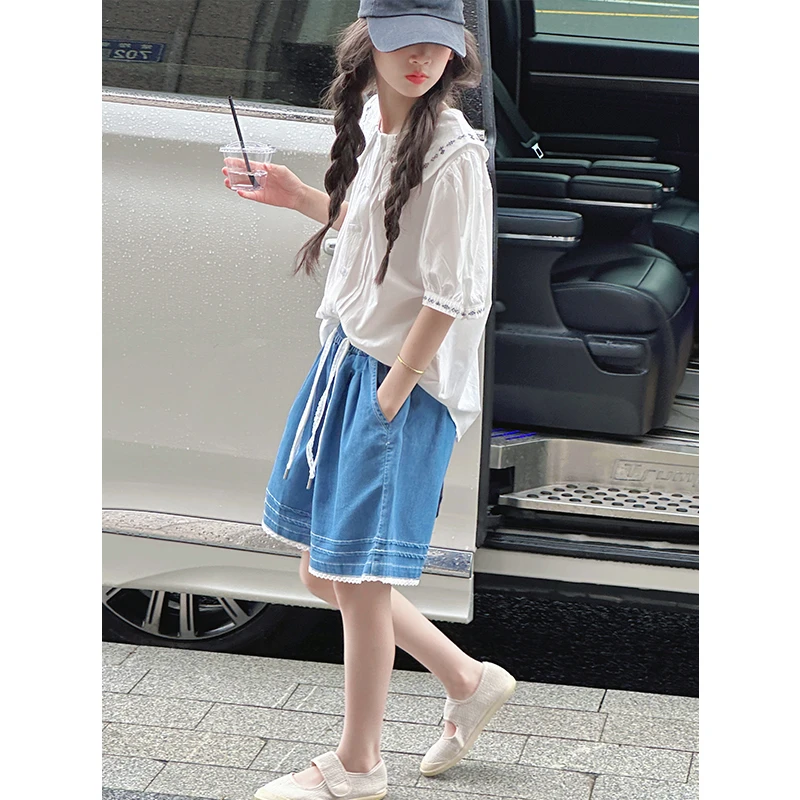 K29282孙小美刺绣女童短袖衬衫套装2025夏装儿童两件套短裤潮