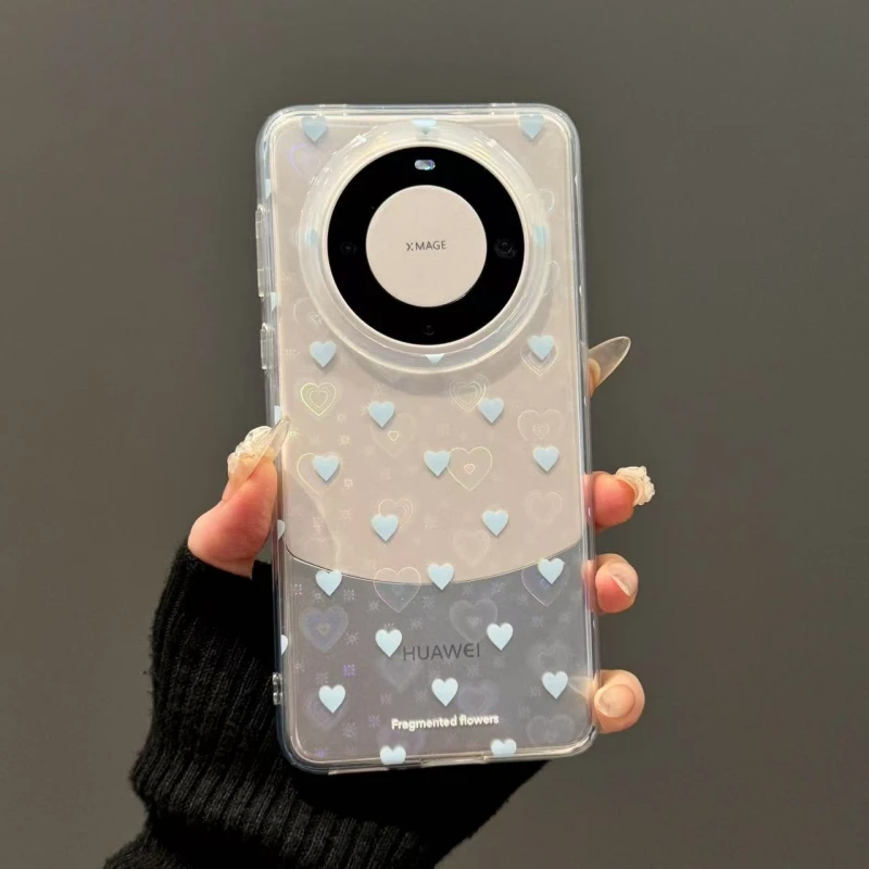 少女透底满屏线条爱心蓝爱心华为mate60pro+手机壳Pura70pro新款