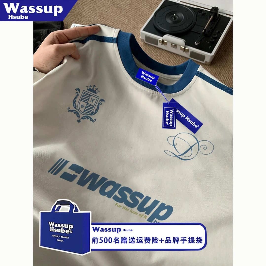 WASSUP HSUBE字母印花三条杠短袖T恤男女潮牌个性百搭圆领上衣服