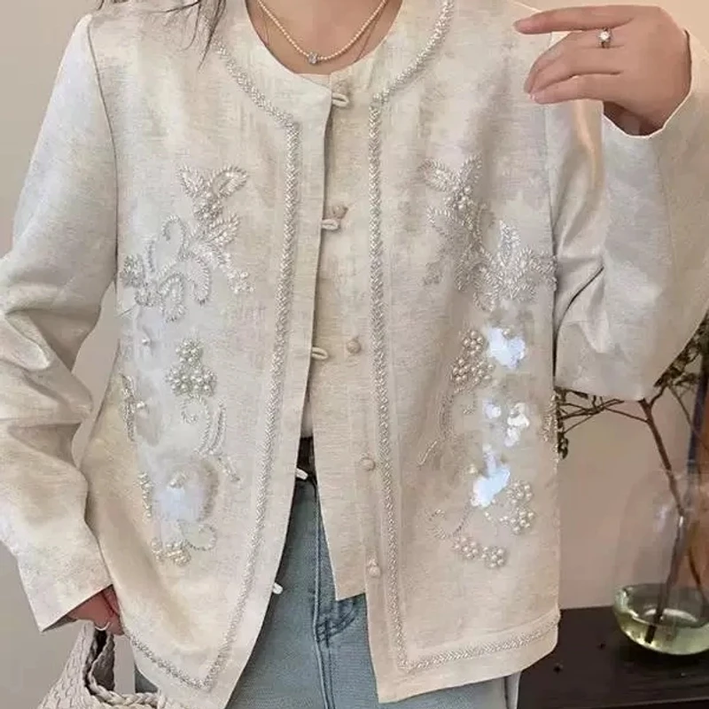 重工艺钉珠新中式外套女2025春季新款国风提花亮片开衫女