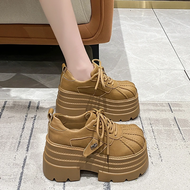 厚底贝壳头小皮鞋女英伦风2025春季新款增高10cm复古原宿松糕单鞋