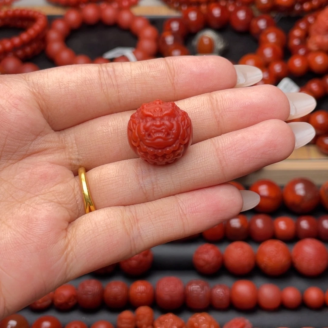 南红玛瑙未镶嵌手串Y19mm锦红黄财神单珠