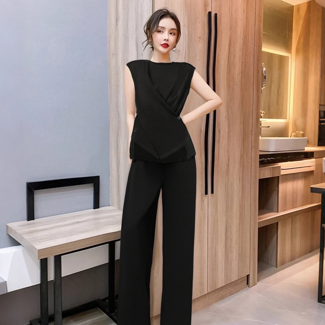 A【两件套】老钱风高级感时尚气质套装设计感短袖上衣+休闲裤D1841