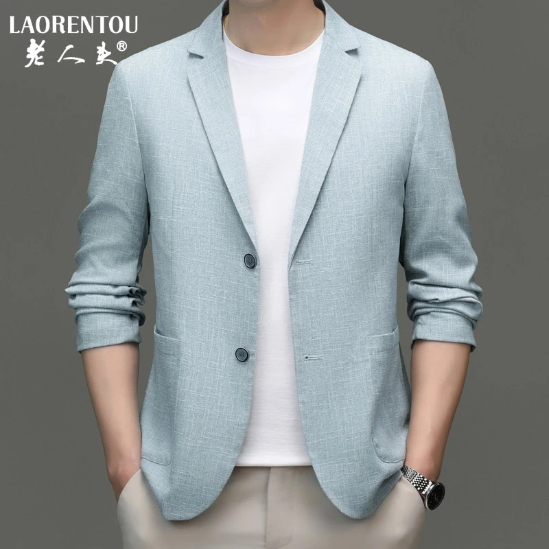 老人头仿亚麻休闲西服男春夏季轻薄款时尚潮流帅气百搭西装单件
