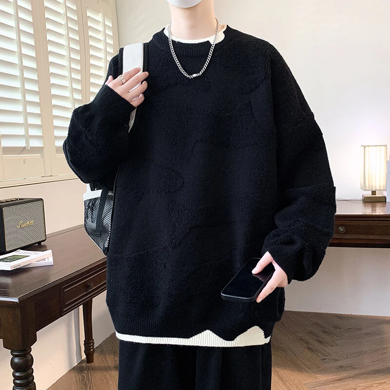 秋冬季新款男士针织衫青少年潮流宽松圆领加厚长袖休闲毛衣打底