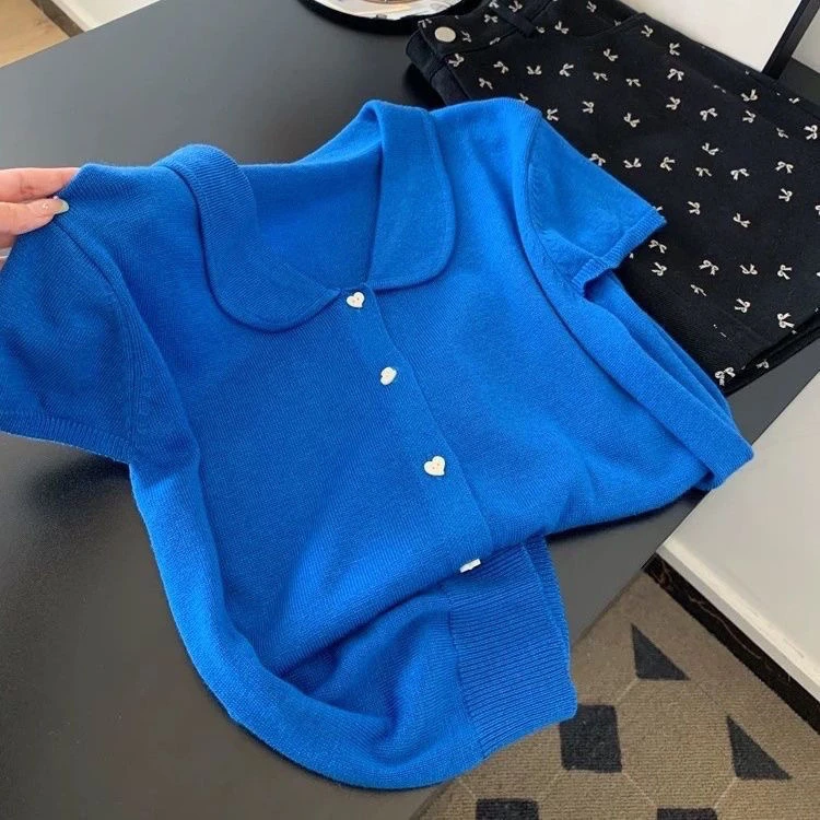 【80-200斤】克莱因蓝娃娃领冰丝短袖T恤女夏季大码洋气显瘦上衣