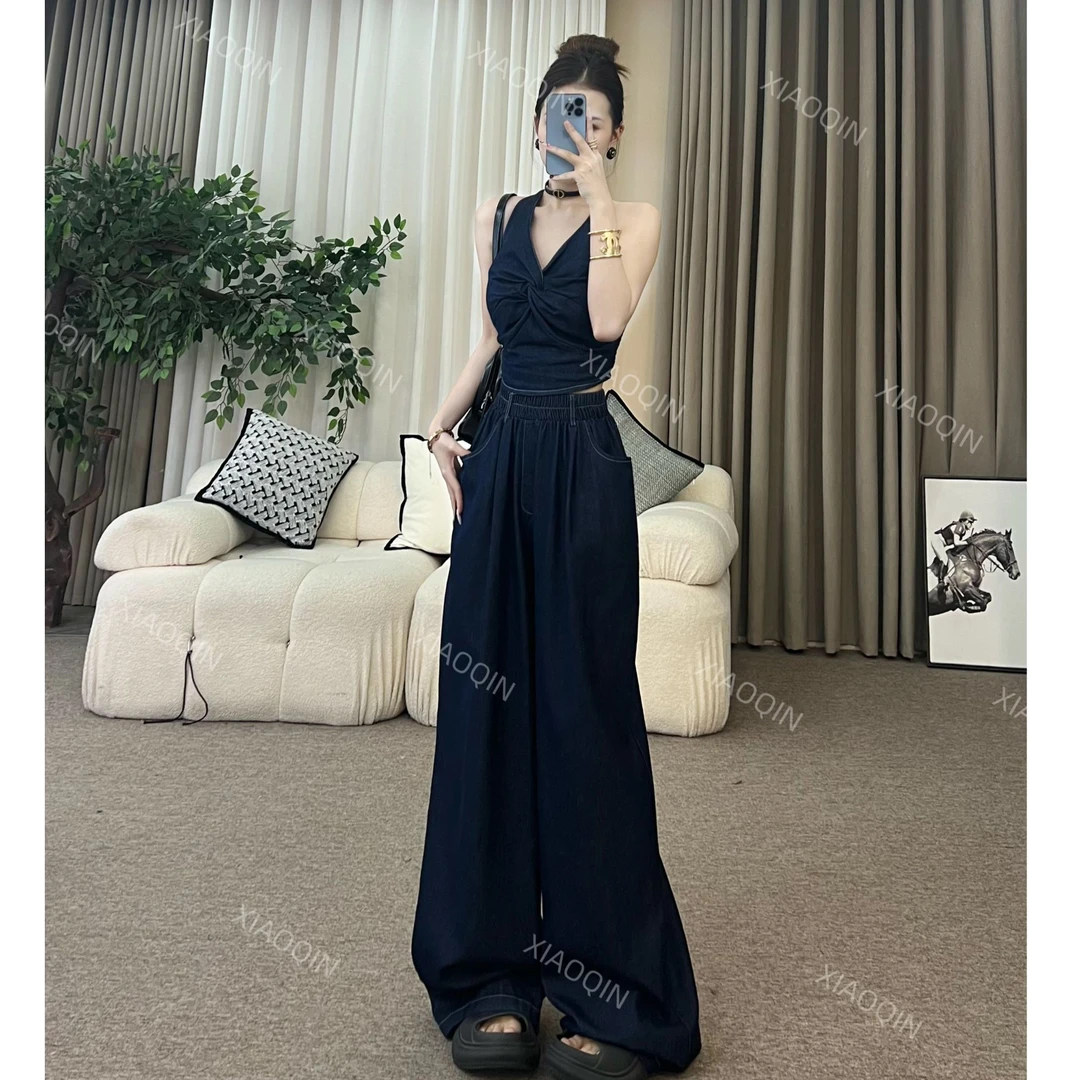 XIAOQIN【原野嘉丽】春夏牛仔挂脖上衣直筒阔腿长裤两件套装251783