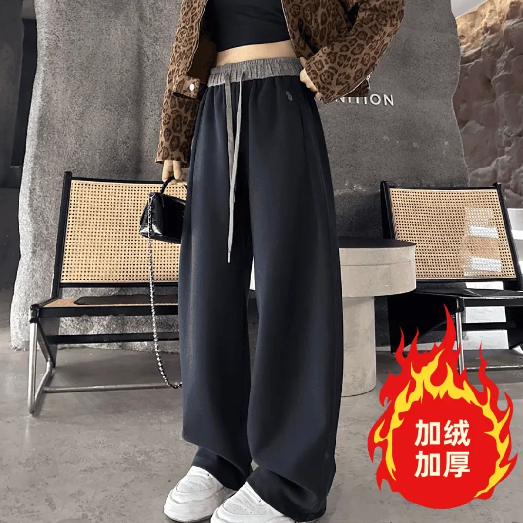 加绒加厚刺绣爆款拼接时尚休闲裤高腰宽松直筒裤阔腿裤