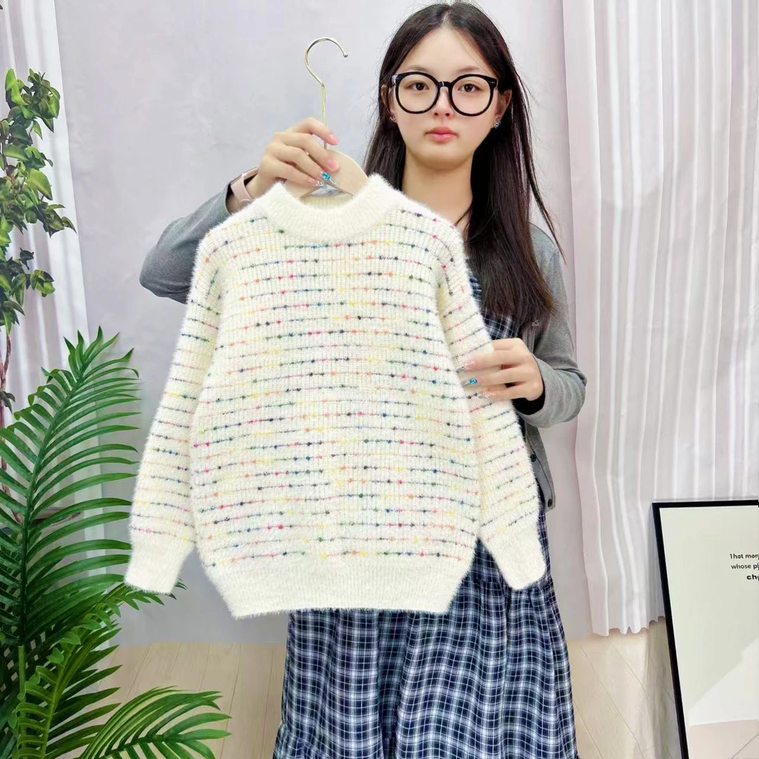 童装女童时尚加厚花纱儿童毛衣秋冬圆领韩版百搭宽松套头针织衫潮