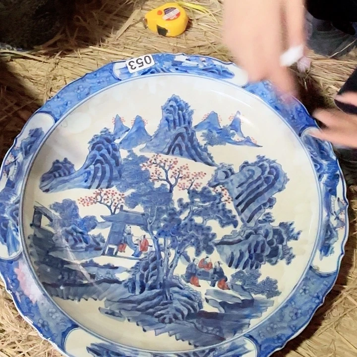 手工艺品琉璃景德镇高温陶瓷洒蓝釉盘子看画片