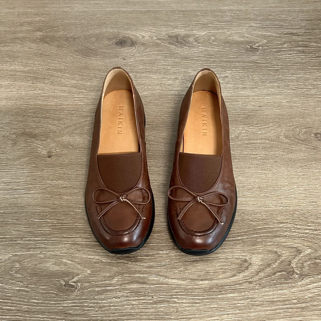 Dannyfrey头层羊皮秋季复古圆头女时尚百搭蝴蝶结内增高单鞋4CM