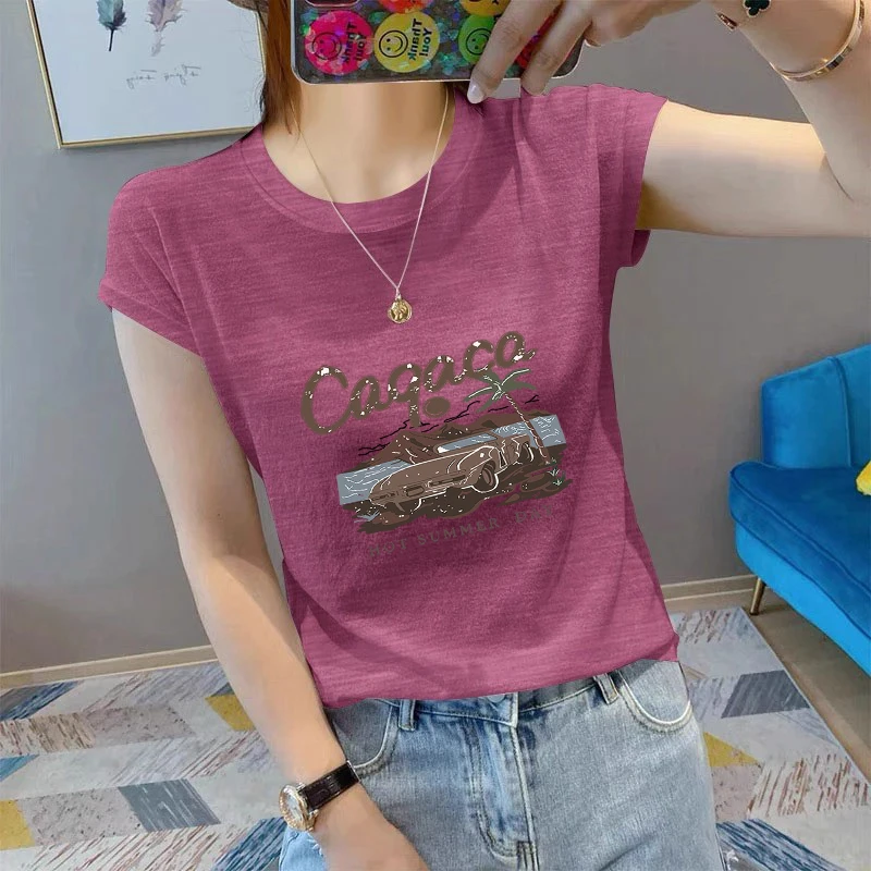 韩版简约薄款短袖t恤女2025夏季外穿圆领大码竹节棉上衣服印花