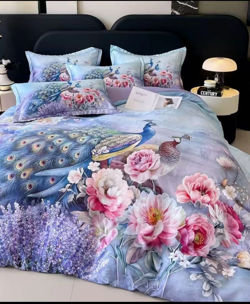 【周董秋冬甄选】欧式贡缎提花轻奢四件套牡丹孔雀图-a