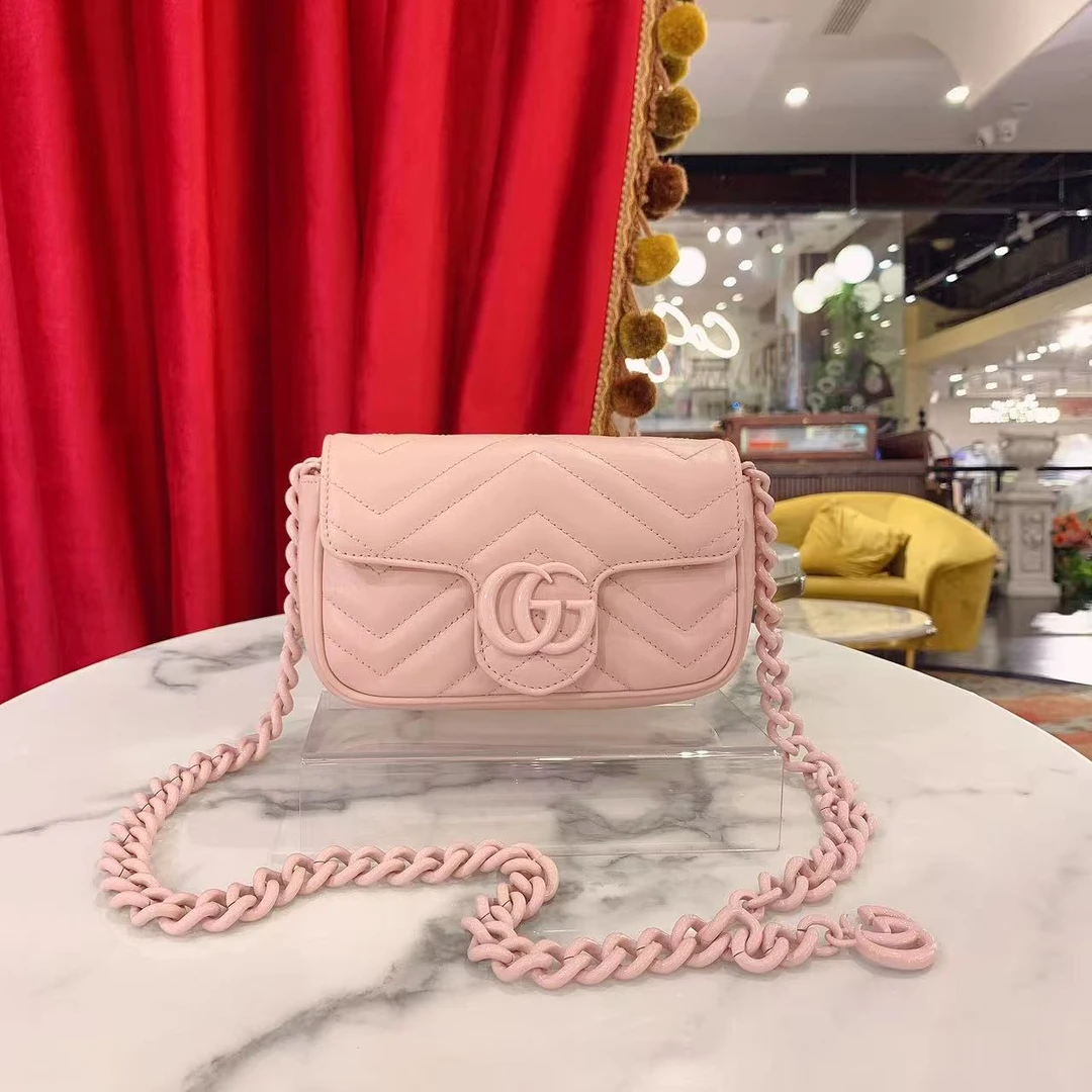 95新 GUCCI/古驰 GGS马蒙supermini粉色银扣牛皮单肩包83113669