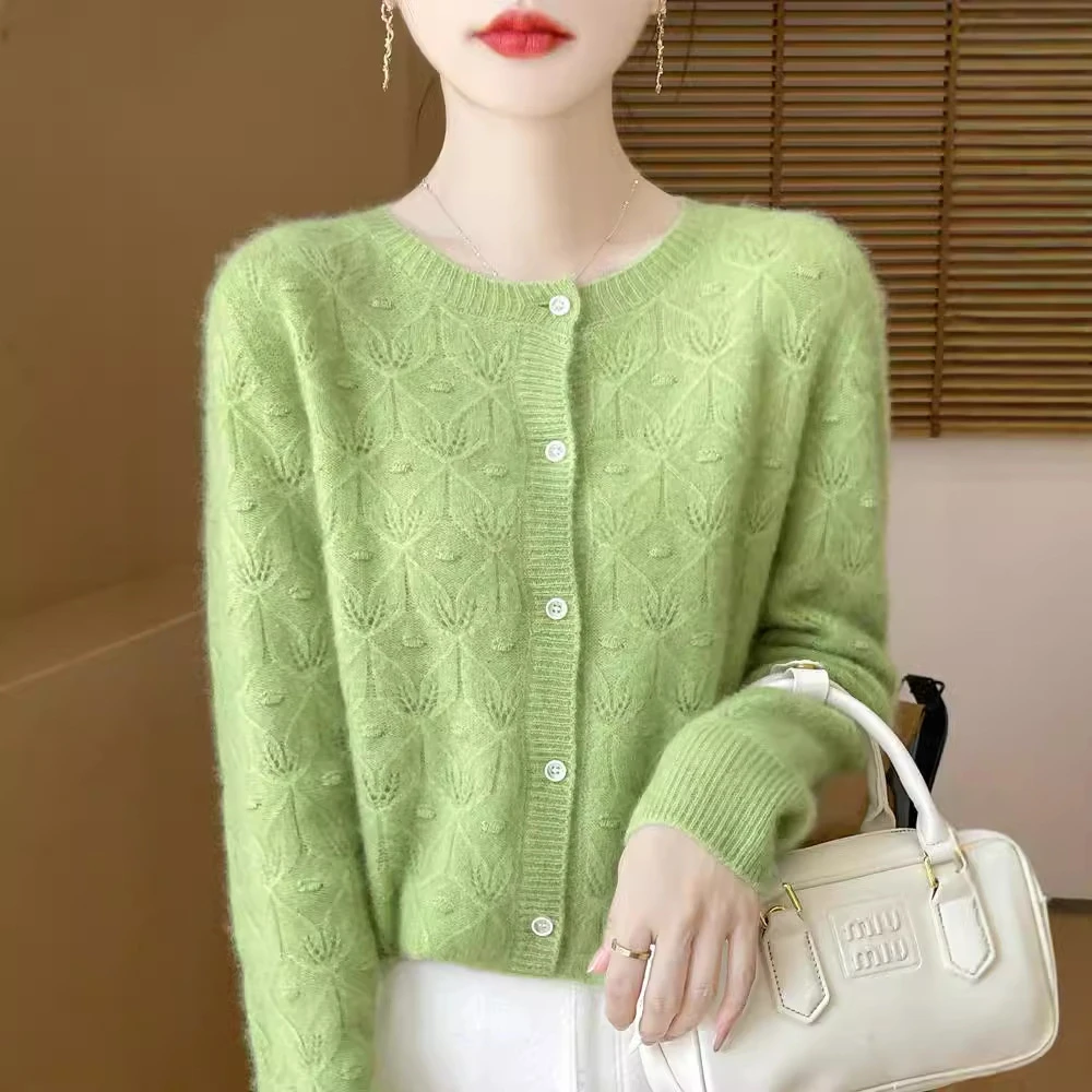 春秋季100纯羊毛衫女薄款镂空针织开衫新款针织圆领长袖毛衣外套