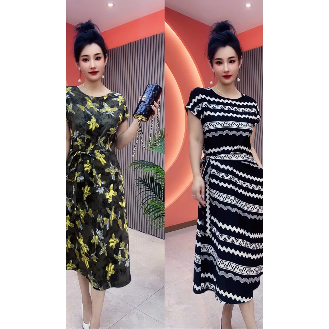 8189女士夏季短袖连衣裙爆款气质显瘦腰带设计长裙（双兜）