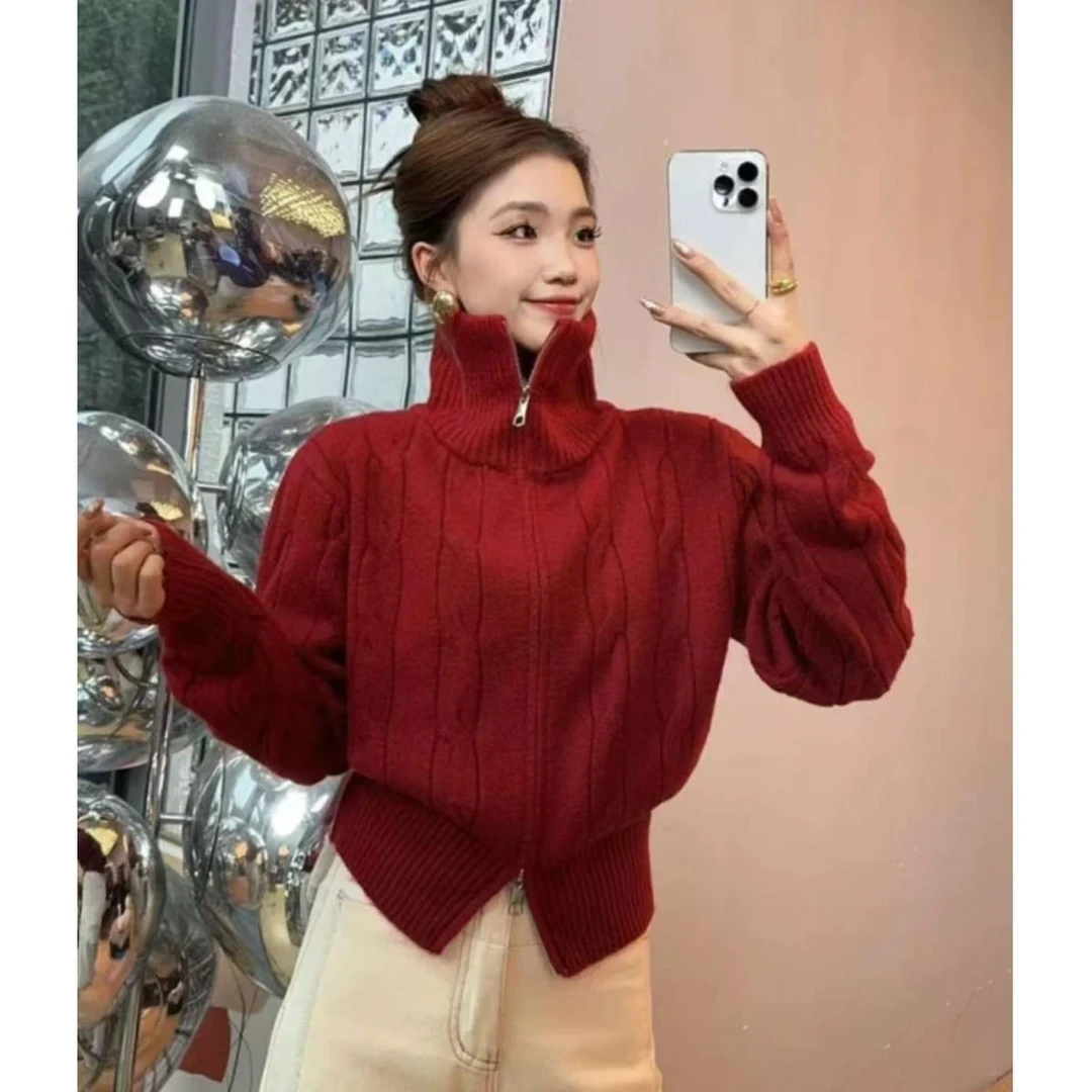 新年圣诞穿搭双拉链高领红色毛衣女秋冬加厚慵懒风高级感针织开衫
