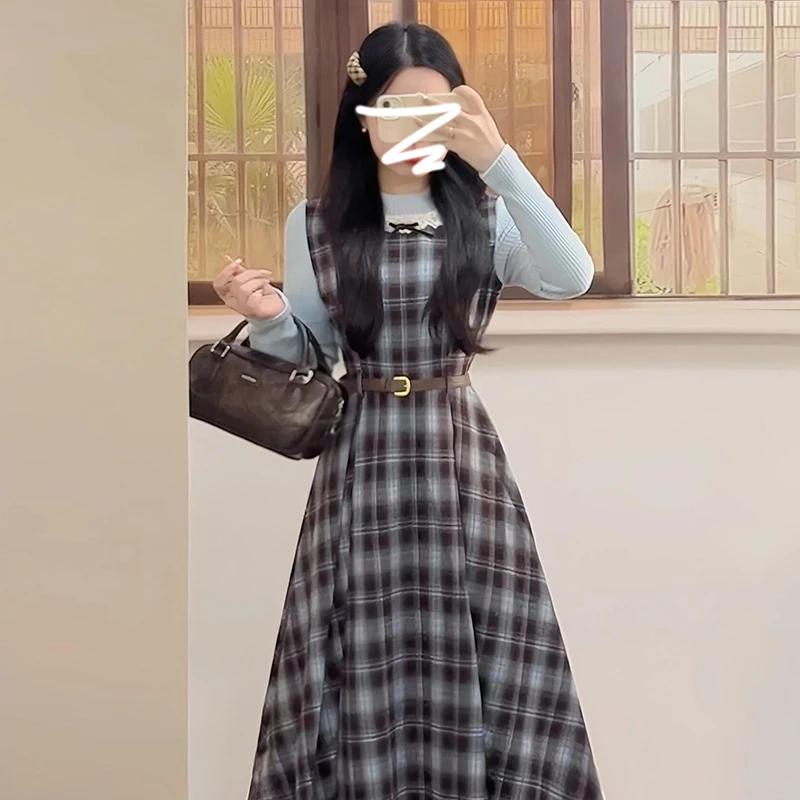 法式假两件格纹连衣裙子2025新款女秋冬小个子高级感气质长裙