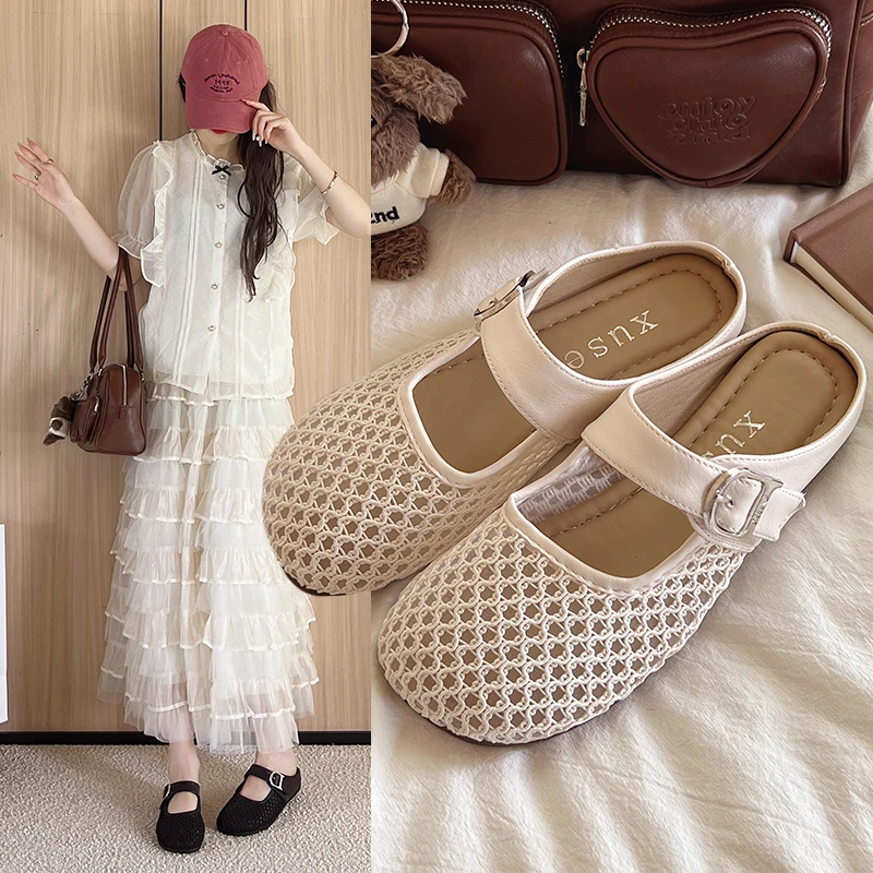 平底镂空包头休闲风舒适包头拖百搭软底时尚凉鞋洞洞玛丽珍鞋半拖