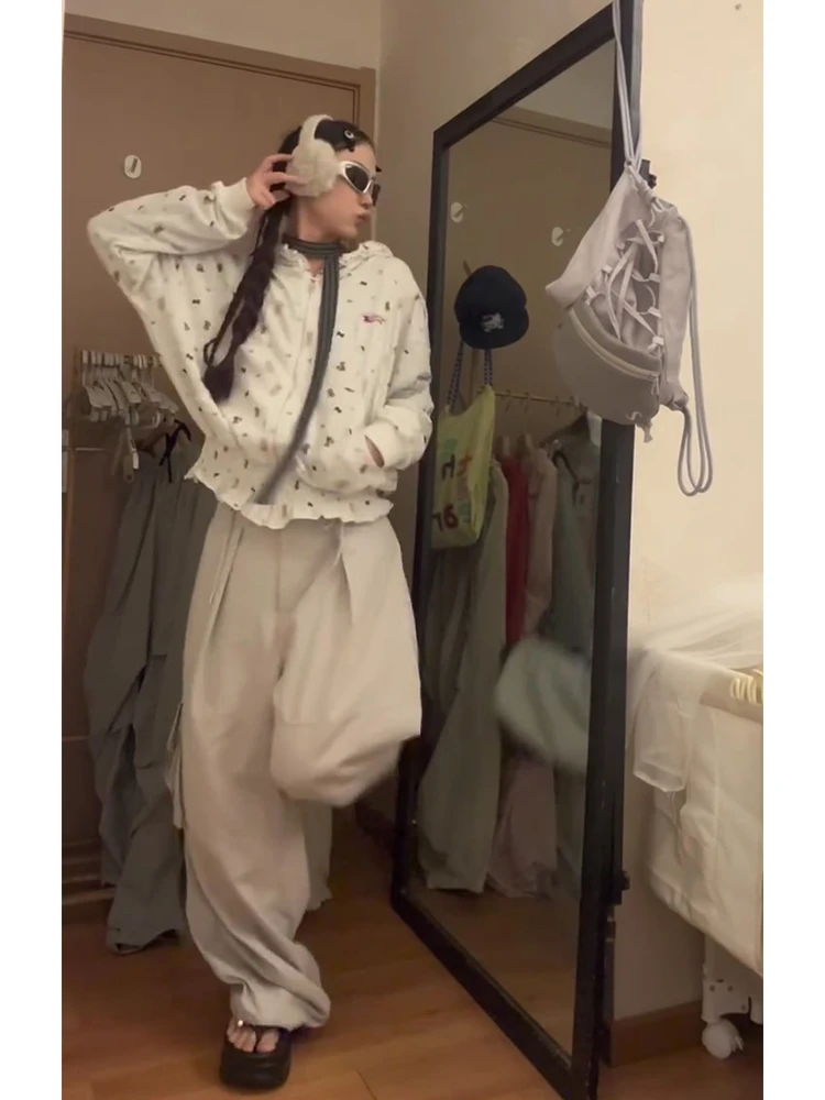 纯棉美式复古刺绣卡通褶皱连帽开衫卫衣秋冬慵懒风短款宽松外套女
