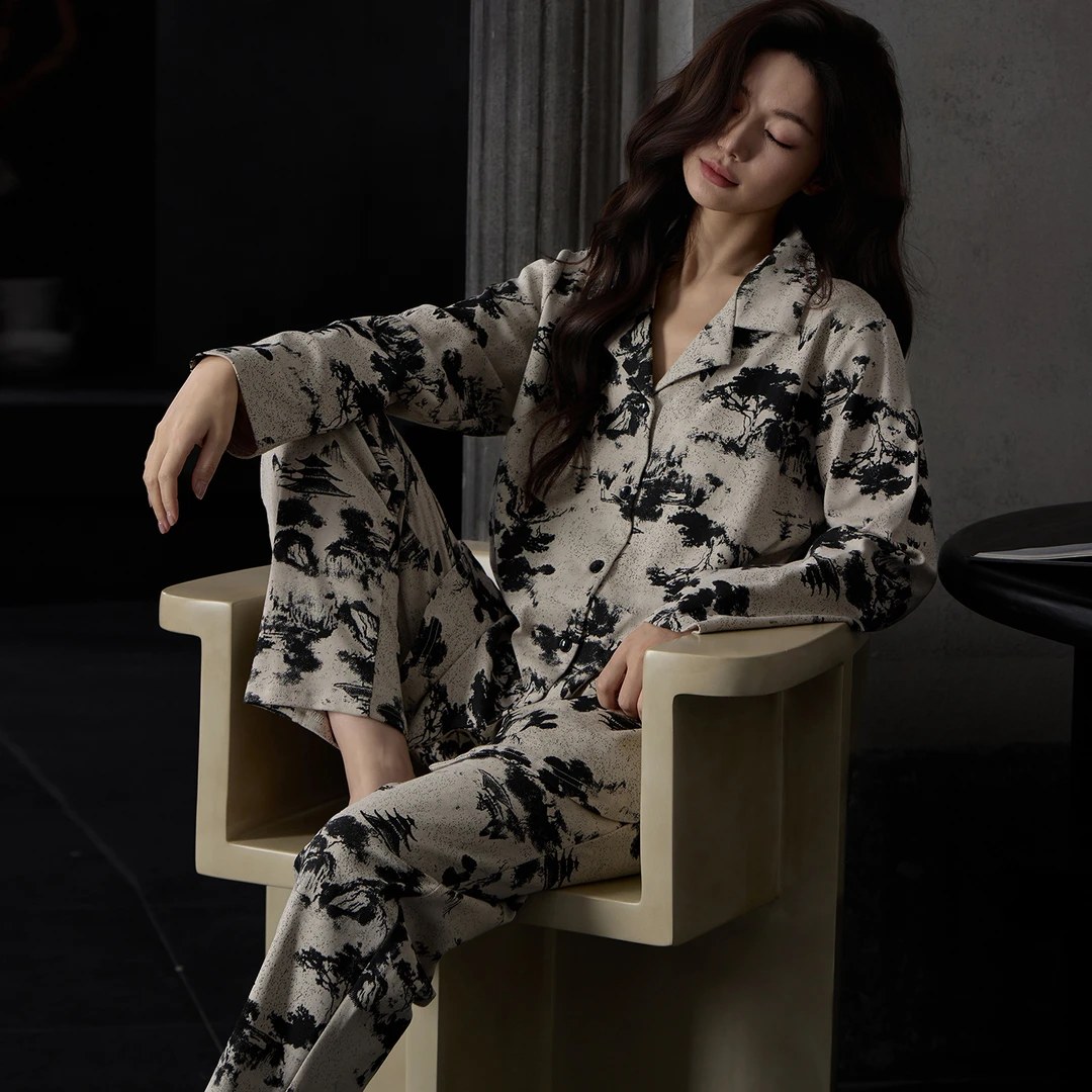 睡衣女士春秋同款秘密维多利亚水墨画纯棉长袖休闲家居服套装春秋