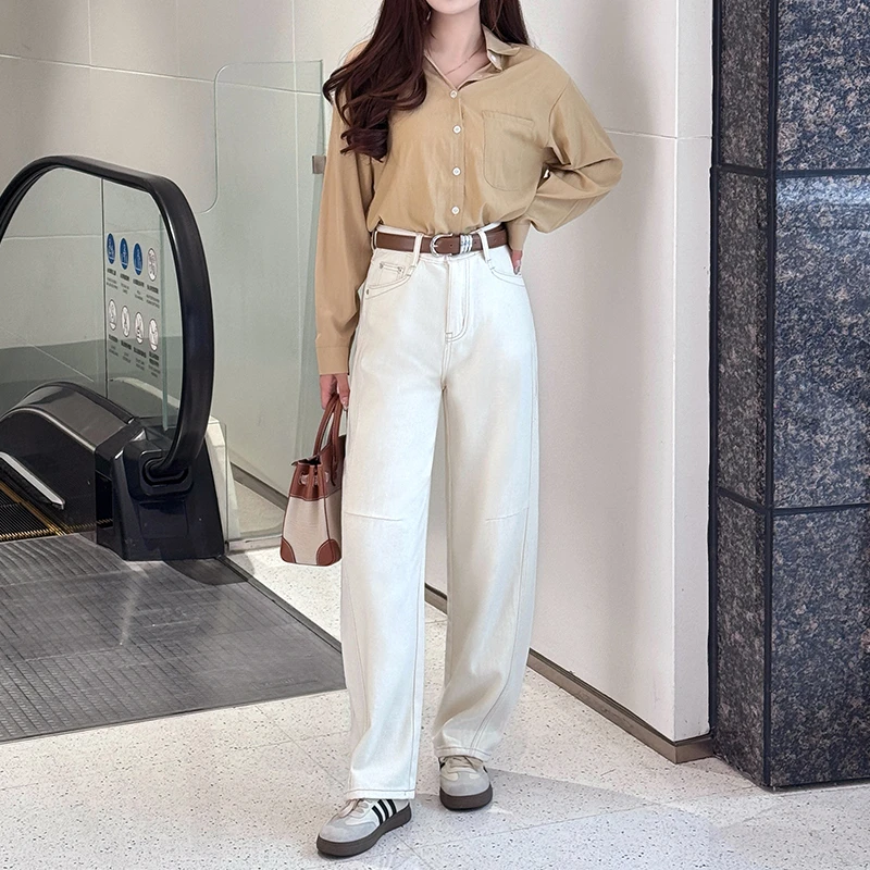 美思源白色弯刀阔腿牛仔裤女2025年春季新款宽松设计感高腰直筒裤