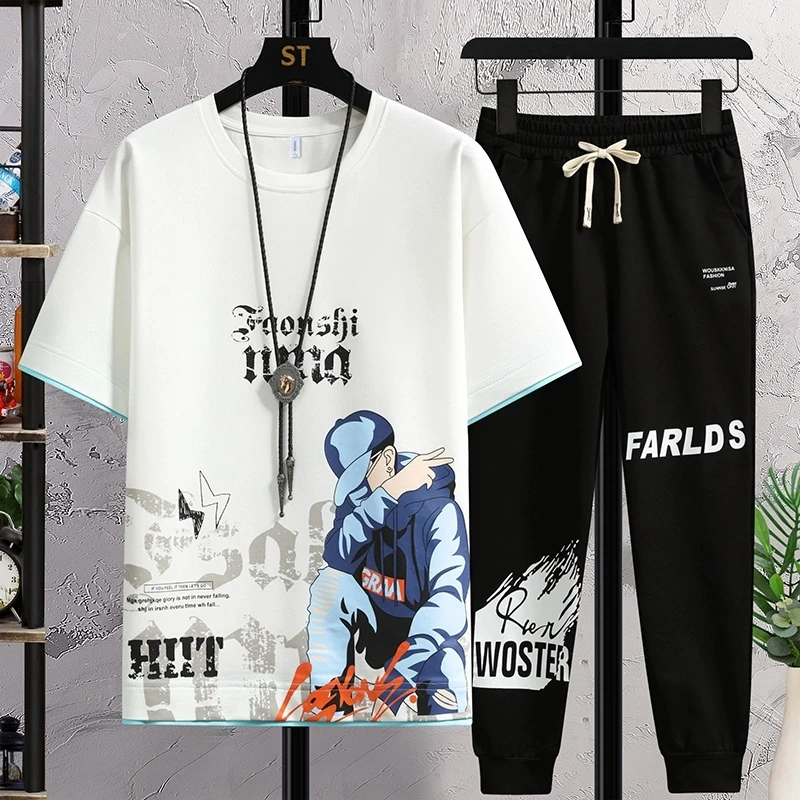 男大童短袖t恤青少年男装帅气衣服潮牌宽松初中学生夏装运动套装