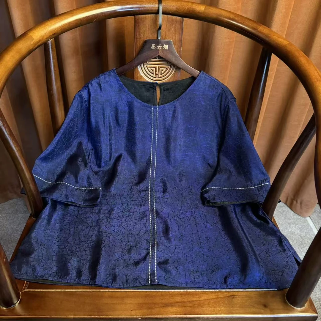 【万缕】新中式女蓝龟龟裂纹老料显瘦套头圆领上衣T恤时尚国风8092