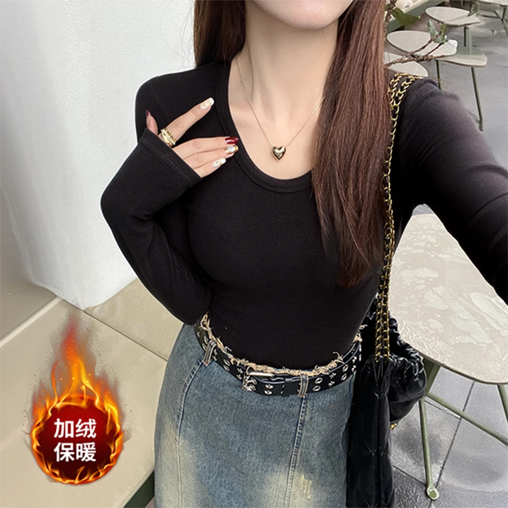 黑色德绒磨毛u领内搭长袖打底衫女秋冬新款保暖百搭显瘦外穿上衣