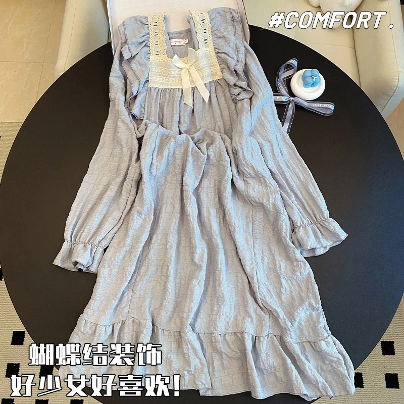 公主风睡裙女云朵棉长袖春秋季温柔蓝色2025新款可外穿家居服冬