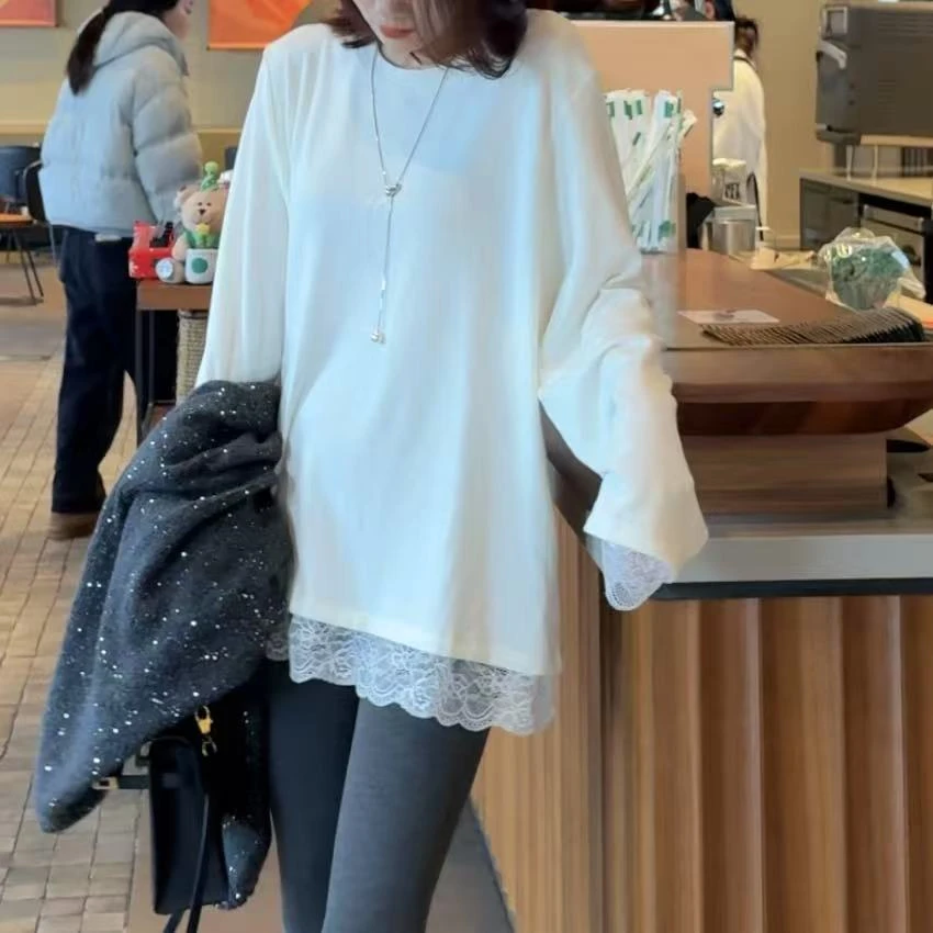 简约百搭圆领拼蕾丝边打底T恤357