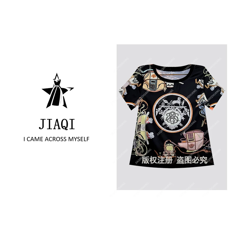 【佳琪高奢】‘’英伦马车“ 烫钻印花桑蚕丝上衣 欧货轻奢闪钻T恤女夏